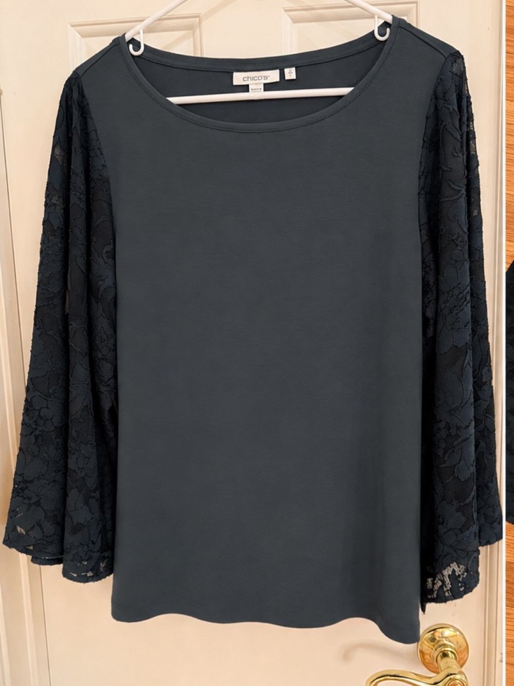 Chico's Forest Green with Lace-Sleeve Long Sleeve Top